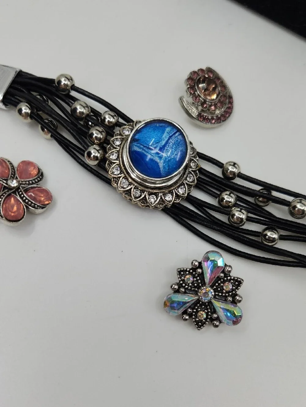Four (4) Snap Black Cord and Bead Crystal Statement Bracelet - Four Designs